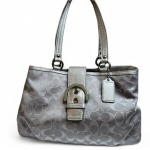 Coach Signature Metallic Silver Jacquard Tote Bag Leather Trim Y2K